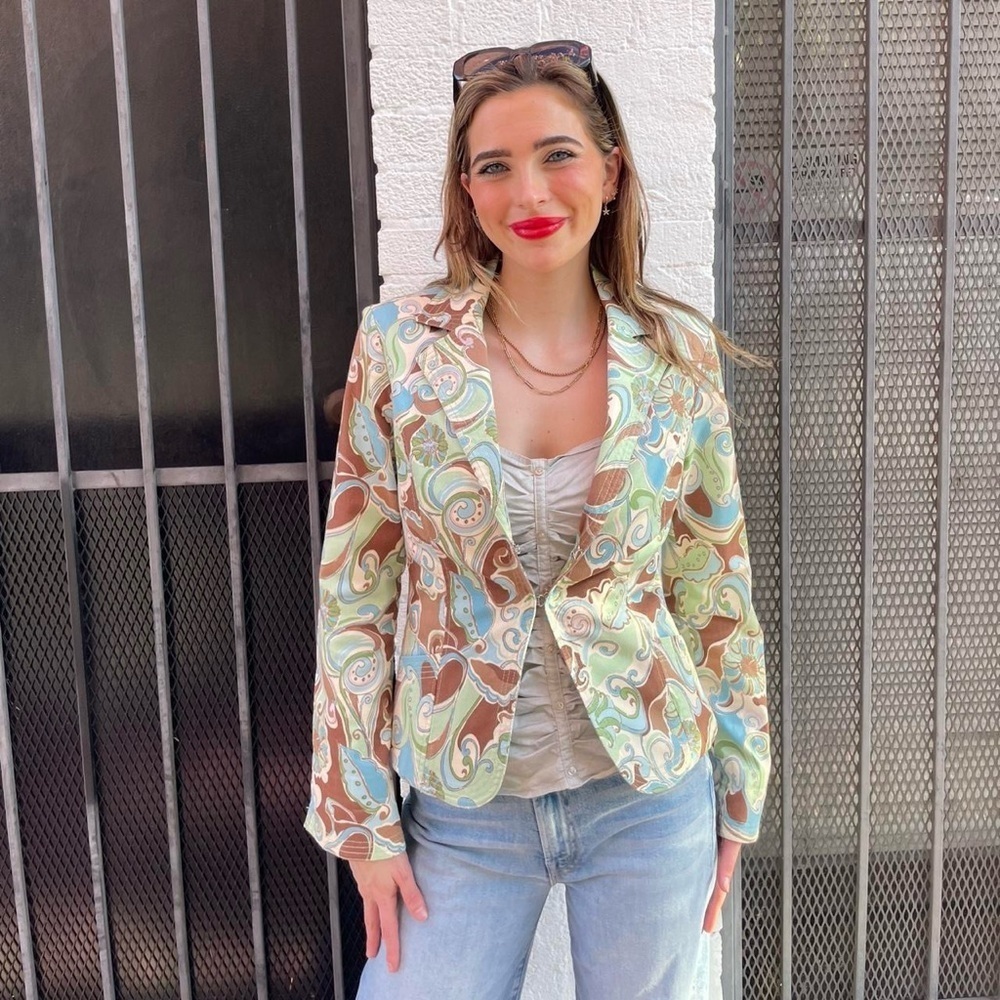 Nicole by Nicole Miller 70s-inspired retro paisley blazer with flared sleeves